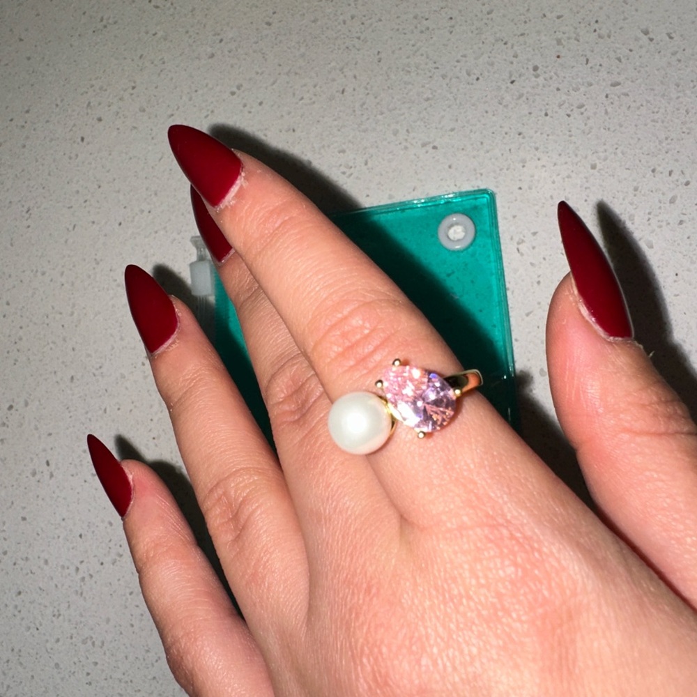 Elegant Gold and Pink Stone Ring with Pearl Accent